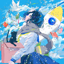 1girl absurdres bird black_cat black_hair blue_skirt book bottle box cat clock cloud cloudy_sky grey_scarf hagimorijia highres holding holding_box looking_up original rocket scarf school_uniform serafuku short_hair skirt sky solo water_bottle white_bird white_serafuku