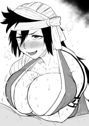 Rule 34 | 1boy, 1girl, absurdres, amputee, arm tattoo, bandaged head, bandages, bare shoulders, black hair, bleach, blush, breasts, collarbone, highres, kaiman garupan, large breasts, medium hair, paizuri, shiba kuukaku, simple background, steam, tattoo, white background