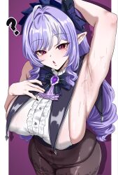 1girl ? absurdres ahoge arm_up armpits black_panties black_pants breasts grey_hair hand_on_own_chest heart highres large_breasts long_hair looking_at_viewer mole mole_under_eye open_mouth panties pants pointy_ears red_eyes shirt smile solo underwear vivian_banshee white_shirt woo_(woosan) zenless_zone_zero
