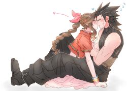 1boy 1girl 7_(milu577610) aerith_gainsborough arm_support baggy_pants bangle black_boots black_hair black_pants blush boots bracelet braid braided_ponytail brown_hair chinese_commentary closed_eyes commentary_request couple crisis_core_final_fantasy_vii cross_scar crossed_arms dress facial_scar final_fantasy final_fantasy_vii final_fantasy_vii_rebirth final_fantasy_vii_remake from_side full_body hair_ribbon heart highres jacket jewelry kiss long_hair pants pink_dress pink_ribbon ponytail profile red_jacket ribbed_sweater ribbon scar scar_on_cheek scar_on_face short_sleeves sidelocks simple_background sitting sitting_between_lap sleeping sleeveless sleeveless_turtleneck spiked_hair sweater turtleneck turtleneck_sweater white_background zack_fair zzz