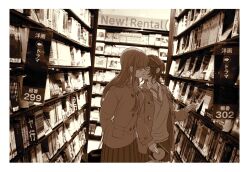 2girls arms_behind_back asahina_yuni bag bookstore border cd cd_case cheating_(relationship) closed_eyes collared_shirt commentary_request cowboy_shot dress_shirt earrings highres holding_cd indoors iwami_kiyoko jacket jewelry kiss kyou_wa_kanojo_ga_inai_kara long_hair long_sleeves medium_hair monochrome multiple_girls necktie open_clothes open_jacket photo_background pleated_skirt school school_bag school_uniform shirt shop short_hair sidelocks skirt sleeves_past_wrists sweater_vest taki_fuuko white_border yuri
