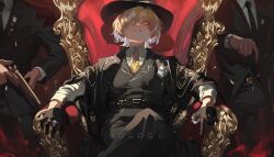 3boys absurdres artist_name black_gloves black_hat blonde_hair gloves grin hair_over_one_eye half_gloves hat highres honkai:_star_rail honkai_(series) looking_at_viewer multicolored_hair multiple_boys on_throne one_eye_covered opal_(honkai:_star_rail) pink_hair pogogu short_hair sitting smile solo_focus teeth two-tone_hair yellow_eyes