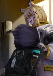 1boy 1girl animal_ears arknights blonde_hair breast_pillow chair doctor_(arknights) fake_animal_ears highres indoors jacket no_panties open_clothes open_jacket shadyoaks_(lucknuts) short_hair smile utage_(arknights) white_jacket