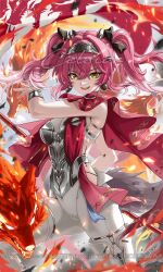 1girl armor black_bow bodysuit boots bow breastplate breasts cinquecento commentary_request hair_between_eyes hair_bow hair_ornament hairband highres long_hair looking_at_viewer lupa_(wuthering_waves) medium_breasts metal_hairband multiple_hair_bows open_mouth pink_hair red_pupils red_sash sash signature smile solo tacet_mark_(wuthering_waves) teeth thigh_boots twintails upper_teeth_only white_bodysuit white_boots wrist_guards wuthering_waves yellow_eyes