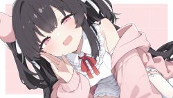 Rule 34 | 1girl, :d, black hair, border, breasts, character request, collared dress, commentary request, copyright request, dress, garter straps, hair ribbon, hand up, highres, jacket, large breasts, long hair, looking at viewer, neck ribbon, open clothes, open jacket, open mouth, pink background, pink eyes, pink jacket, red ribbon, ribbon, sleeveless, sleeveless dress, smile, solo, thighhighs, totomono, two side up, very long hair, white border, white dress, white ribbon, white thighhighs