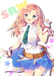 1girl belt belt_buckle blue_skirt breasts brown_belt buckle chain cliana_rimskaya commentary_request copyright_name dot_nose drop_shadow earrings eri. fingerless_gloves gloves green_necktie hand_up highres jewelry large_breasts long_hair necktie orange_hair pale_skin pink_nails red_trim shirt single_sidelock skirt solo star_(symbol) star_symbol_background stud_earrings super_robot_wars white_gloves white_shirt