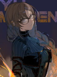 Rule 34 | 1girl, arm strap, black dress, blue dress, braid, braided ponytail, breasts, brown eyes, brown hair, center opening, character name, dress, earrings, fate/grand order, fate (series), glasses, highres, jewelry, layered dress, long hair, long sleeves, medium breasts, ribbed dress, ribbon-trimmed dress, ribbon trim, single braid, solo, suzuhi (fullprayer), very long hair, yu mei-ren (fate), yu mei-ren (first ascension) (fate)