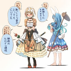2girls alternate_costume animal_ears barefoot black_gloves black_pantyhose bloomers blue_dress blue_hair blush breasts cleavage collarbone dress floppy_ears flower frilled_dress frilled_sleeves frills full_body gloves hair_flower hair_ornament kine light_brown_hair long_hair mallet medium_breasts motion_lines multiple_girls navel open_mouth pantyhose rabbit_ears rabbit_tail red_eyes red_footwear ringo_(touhou) seiran_(touhou) shoes short_hair short_sleeves speech_bubble tail touhou translation_request underwear white_bloomers white_flower yudepii