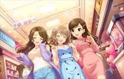 3girls :3 ^_^ annindoufu_(oicon) arrow_(symbol) bag blush breasts brown_hair closed_eyes earrings elbow_carry etou_misaki_(idolmaster) facing_away facing_viewer flower girl_sandwich hair_flower hair_ornament handbag idolmaster idolmaster_cinderella_girls idolmaster_cinderella_girls_starlight_stage indoors jewelry kishibe_ayaka large_breasts long_hair looking_at_another mall messy_hair mother&#039;s_day multiple_girls necklace official_art open_mouth sandwiched short_hair smile tsukimiya_miyabi wavy_hair
