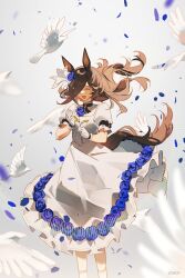 Rule 34 | 1girl, absurdres, animal ears, bird, blue flower, blue rose, brown hair, closed eyes, dove, dress, flower, gloves, hair flower, hair ornament, hair over one eye, highres, horse ears, horse girl, horse tail, long hair, open mouth, petals, rice shower (umamusume), rose, short sleeves, smile, solo, tail, umamusume, white dress, white gloves, ylceon