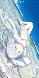 1girl absurdres bikini blue_archive breasts colored_eyelashes force_(fossan_01) hair_ornament halo highres nagusa_(blue_archive) nagusa_(swimsuit)_(blue_archive) navel official_alternate_costume snowflake_hair_ornament solo swimsuit upside-down white_bikini white_eyelashes white_eyes white_halo