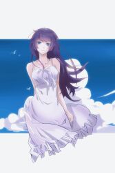 1girl alison_june arm_behind_back bare_shoulders blue_eyes blue_sky breasts collarbone day dress eyelashes frilled_dress frills highres long_hair looking_at_viewer medium_breasts monogatari_(series) purple_hair ribbon senjougahara_hitagi sky smile solo sundress very_long_hair white_dress white_ribbon