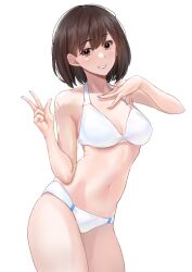 1girl bikini black_hair breasts brown_eyes cleavage cowboy_shot grin hand_on_own_chest leaning_forward looking_at_viewer mature_female medium_breasts navel nobita_(nbnobita) original short_hair simple_background smile solo standing swimsuit v white_background white_bikini