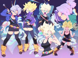 Rule 34 | 1girl, aetherion, arm up, arms up, bare shoulders, belt, black shirt, blonde hair, blue background, blue eyes, blue jacket, boots, breasts, bruise, capsule corp, cleavage, clenched hands, closed mouth, collarbone, dragon ball, dragonball z, from side, full body, genderswap, genderswap (mtf), green eyes, green jacket, hand on own hip, highres, injury, jacket, knee boots, looking at viewer, medium hair, multiple views, open mouth, parted bangs, serious, shirt, super saiyan, super saiyan 1, sword, teeth, thighhighs, torn clothes, trunks (dragon ball), trunks (future) (dragon ball), upper teeth only, weapon, weapon on back