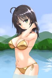 1girl ahoge alternate_costume bare_shoulders bikini black_hair blue_sky breasts cameltoe cleavage commentary_request cowboy_shot curvy day gold_bikini green_eyes hand_in_own_hair hand_on_own_hip hand_up highres hitachi_mako large_breasts light_blush looking_at_viewer mountainous_horizon navel outdoors parted_lips senren_banka shirayamakoma short_hair_with_long_locks side-tie_bikini_bottom sky solo stomach straight_hair swimsuit three_quarter_view wading water wet