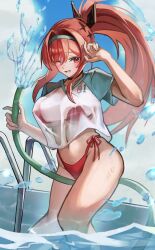 1girl absurdres bikini goddess_of_victory:_nikke highres hose merry_051922 navel official_alternate_design official_alternate_hair_color one_eye_closed ponytail rapi_(nikke) rapi_(red_hood)_(nikke) rapi_(red_hood)_(red_flavor)_(nikke) red_bikini see-through_clothes see-through_shirt shirt solo swimsuit