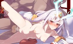 1boy 1girl :/ ahoge aqua_fire arm_support bar_censor blush breasts breath censored closed_mouth collarbone detached_sleeves faceless faceless_male fiery_horns fire foot_out_of_frame hair_between_eyes hair_between_horns hair_ornament hetero highres horns jitome kurikara_divincarnate leg_grab leg_up long_hair long_sleeves looking_to_the_side lying medium_breasts motion_lines navel nipples nose_blush nude on_side penis pointy_breasts pussy_juice red_eyes sex short_eyebrows solo_focus spooning straight_hair sweat testicles vaginal white_hair yu-gi-oh! zoruboi