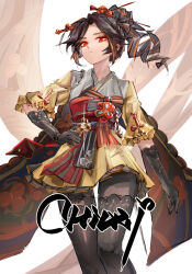 1girl arm_at_side asymmetrical_hair black_gloves black_hair black_pantyhose black_thighhighs brown_hair character_name chiori_(genshin_impact) closed_mouth floating_hair genshin_impact gloves hair_ornament hair_stick hand_on_own_hip high_ponytail highres japanese_clothes kimono layered_legwear long_hair looking_at_viewer multicolored_hair outstretched_arm pantyhose ponytail red_eyes sash short_kimono side_ponytail solo thighhighs thighhighs_over_pantyhose two-tone_hair walking witherking yellow_kimono