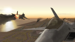 2boys absurdres ace_combat ace_combat_04 aerial_battle aircraft airplane battle building canards canopy_(aircraft) cloud cockpit commentary dawn day dogfight english_commentary f-22_raptor farbanti fighter_jet fire flight_suit g-suit helmet highres horizon kevincipher military_vehicle mobius_1 multiple_boys ocean outdoors oxygen_mask pilot pilot_helmet roundel sky smoke su-37 sun tree yellow_13
