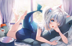 1girl animal_ear_fluff animal_ears bag bare_arms barefoot bed bloop_(gawr_gura) blue_dress blue_eyes blue_hair cat_ears commentary curtains day hugging_doll dress feet feet_up fins fish_tail full_body gawr_gura gawr_gura_(casual) highres hololive hololive_english indoors kemonomimi_mode long_hair looking_at_viewer lying multicolored_hair hugging_object on_bed on_stomach one_eye_closed open_mouth pillow prana_(prana12) shark_tail sharp_teeth shirt side_ponytail simple_background soles solo streaked_hair stuffed_animal stuffed_shark stuffed_toy tail teeth the_pose twitter_username upper_teeth_only virtual_youtuber white_hair white_shirt window