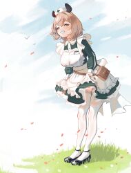1girl absurdres animal_ears anklet apron besi_(besidoesart) black_shoes breasts brown_bag brown_hair clothes_lift double-parted_bangs dress flats frilled_apron frills green_dress green_eyes hat highres indie_virtual_youtuber jewelry large_breasts long_sleeves medium_hair name_tag nimi_nightmare nurse nurse_cap puffy_sleeves shoes skirt skirt_hold smile solo standing tapir_ears teeth thigh_peek thighhighs virtual_youtuber white_apron white_thighhighs