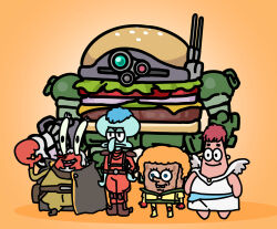 4boys afei_(sfma3248) afro armored_trooper beard black_cape black_eyes blue_eyes blue_hair bodysuit bouleuse_gotho bouleuse_gotho_(cosplay) burger cape chirico_cuvie chirico_cuvie_(cosplay) coconna coconna_(cosplay) cosplay dress facial_hair fake_wings food green_jumpsuit grey_hair highres jacket jumpsuit male_focus mecha mr._krabs multiple_boys orange_background orange_bodysuit orange_hair pants patrick_star pilot_suit red_hair robot scope short_hair smile soukou_kihei_votoms spongebob_squarepants spongebob_squarepants_(series) squidward_tentacles vanila_varta vanila_varta_(cosplay) white_dress wings yellow_jacket yellow_pants