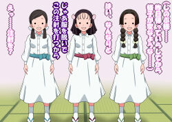 3girls absurdres braid breasts cherry_blossoms dress flower hair_flower hair_ornament highres kimetsu_no_yaiba long_dress long_sleeves multiple_girls nakahara_sumi sandals sash small_breasts smile socks solid_circle_eyes takada_naho tengukizoku terauchi_kiyo translation_request twin_braids twintails white_dress