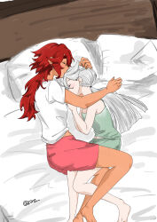 2girls 715piro_gon absurdres barefoot blush camisole closed_eyes closed_mouth commentary_request cuddling dark-skinned_female dark_skin green_camisole green_shorts gundam gundam_suisei_no_majo highres leg_between_thighs long_hair miorine_rembran multiple_girls on_bed pillow pink_shorts red_hair shirt short_sleeves shorts sleeping suletta_mercury thick_eyebrows white_hair white_shirt yuri
