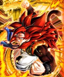1boy aura blue_eyes blue_sash charging_forward clenched_hands dougi dragon dragon_ball dragon_ball_gt dragon_ball_z_dokkan_battle dragon_fist_(dragon_ball) eastern_dragon gogeta gold_scales gold_skin golden_dragon highres incoming_attack long_hair looking_at_viewer male_focus metamoran_vest monkey_boy monkey_tail muscular muscular_male official_art open_mouth pants pectorals saiyan sash solo spiked_hair super_saiyan super_saiyan_4 tail teeth wristband yellow_scales