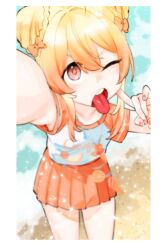 Rule 34 | 1girl, akanbe, beach, blonde hair, border, bow, cowboy shot, day, double bun, eyelid pull, food, gradient hair, hair between eyes, hair bun, highres, hololive, hololive dev is, holonatsu paradise, kkangmuu, multicolored hair, nail polish, official alternate costume, one eye closed, open mouth, orange bow, orange nails, orange skirt, otonose kanade, otonose kanade (holonatsu paradise), outdoors, pleated skirt, selfie, shirt, short sleeves, skirt, solo, t-shirt, teeth, tongue, tongue out, upper teeth only, white border, white shirt