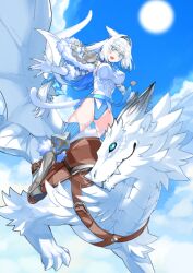 1girl :d \||/ animal_ears armored_boots blue_background blue_bow blue_eyes blue_nails blue_sash blue_sky blue_thighhighs blush boots bow breasts burko_(fate) buttons cape cat_ears cat_girl cat_tail cloud day dobrynya_nikitich_(fate) dobrynya_nikitich_(third_ascension)_(fate) dragon dynamic_pose elbow_gloves fate/grand_order fate_(series) full_body fur-trimmed_boots fur-trimmed_cape fur_trim game_cg gloves grey_hairband groin hair_bow hair_intakes hairband highleg highleg_leotard horseback_riding large_breasts leotard long_hair looking_down low-tied_long_hair multicolored_leotard official_art open_mouth outstretched_arms riding robina saddle sash sidelocks skindentation sky smile solo stirrups_(riding) sun tail taut_clothes teeth thighhighs third-party_source two-sided_cape two-sided_fabric two-tone_leotard underbust upper_teeth_only very_long_hair western_dragon white_cape white_gloves white_leotard white_tail
