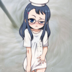 1girl :&lt; black_hair blue_eyes blush clothes_writing collarbone flat_chest glasses graduated_cylinder-chan_(t_jiroo) hair_ornament hairclip hat liquid loli long_hair looking_at_viewer measuring_cylinder mortarboard original oversized_clothes oversized_shirt personification pouring print_shirt pun raised_eyebrow shirt short_sleeves standing t_jiroo_(ringofriend) test_tube white_hat white_shirt