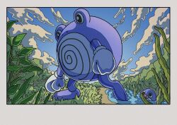 Rule 34 | animal focus, blue sky, closed mouth, cloud, day, full body, gen 1 pokemon, grass, highres, lake, nintendo, no humans, onamuzi illust, open mouth, outdoors, plant, pokemon, pokemon (creature), pokemon focus, poliwag, poliwhirl, shore, sky, water