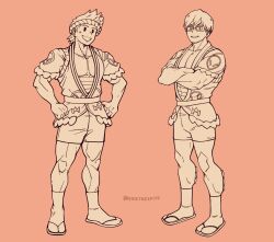 Rule 34 | 2boys, alternate costume, boku no hero academia, crossed arms, glasses, highres, iida tenya, japanese clothes, male focus, monochrome, multiple boys, muscular, muscular male, pectoral cleavage, pectorals, quietrespite, red background, sandals, short hair, shorts, socks, standing, togata mirio