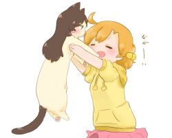 1girl ahoge animal animalization blush brown_hair cat closed_eyes hair_bobbles hair_ornament holding holding_animal holding_cat hood hood_down hoodie hutaba idolmaster idolmaster_million_live! kitazawa_shiho long_hair open_mouth orange_hair pink_skirt short_hair short_sleeves simple_background skirt smile white_background yabuki_kana yellow_hoodie