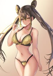 Rule 34 | 1girl, absurdres, arerex, black hair, blonde hair, bra, breasts, cowboy shot, double bun, duel monster, gradient background, hair bun, highres, large breasts, multicolored hair, navel, ohime the manifested mikanko, panties, solo, streaked hair, underwear, yellow bra, yellow panties, yu-gi-oh!