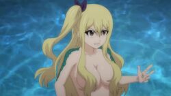 1boy 1girl animated anime_screenshot blonde_hair brown_eyes closed_eyes collarbone convenient_censoring fairy_tail hair_censor hair_over_breasts hair_ribbon highres long_hair lucy_heartfilia monsterification natsu_dragneel nure_onna ribbon scales smile snake_girl sound subtitled tagme tearing_up tongue tongue_out topless_female video