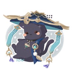 Rule 34 | anemo symbol (genshin impact), animalization, aqua gemstone, arm at side, arm up, artist name, black cat, black collar, black eyes, blue cape, blue hat, blush stickers, cape, cat, collar, feathers, gem, genshin impact, gold, gold pendant, hat, highres, jingasa, parted lips, pom pom (clothes), scaramouche (genshin impact), simple background, smile, solo, sparkle, tassel, vision (genshin impact), wanderer (genshin impact), white background, yellow feathers, zeefax u