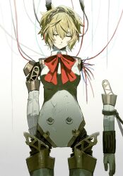 Rule 34 | 1girl, aigis (persona), android, blonde hair, bow, bowtie, broken cable, cable, closed eyes, closed mouth, cowboy shot, detached arm, facing viewer, hair between eyes, hatena art, highres, joints, persona, persona 3, red bow, red bowtie, robot ears, robot girl, robot joints, short hair, simple background, solo, straight-on, unconscious, white background