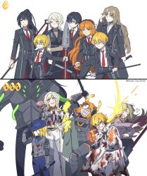 3boys 4girls antlers armor axe baseball_cap black_hair blonde_hair blue_eyes blue_hair blue_hairband blue_necktie bob_cut brain cape coat collared_shirt commentary crying don_quixote_(project_moon) e.g.o_(project_moon) faust_(project_moon) fire flower gameplay_mechanics gauntlets green_eyes grey_hair guan_dao hair_ribbon hairband halberd hanbok hand_fan hat headband high_ponytail highres holding holding_axe holding_skewer hong_lu_(project_moon) horns house_tag_denim ishmael_(project_moon) korean_clothes lance limbus_company long_hair mace multicolored_hair multiple_boys multiple_girls necktie one_eye_closed orange_hair overcoat polearm ponytail project_moon red_necktie ribbon rodion_(project_moon) shirt sinclair_(project_moon) single_gauntlet skewer spicebush_(e.g.o) streaming_tears sweater sword symbol-only_commentary tears tube turtleneck turtleneck_sweater twitter_username vest wavy_hair weapon white_shirt yellow_eyes yi_sang_(project_moon) zweihander