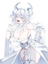 1girl bare_shoulders blush breasts cleavage cowboy_shot demon_girl demon_horns detached_sleeves dress drill_hair duel_monster earrings gloves highres horns jewelry large_breasts lovely_labrynth_of_the_silver_castle ojou-sama_pose pointy_ears sanzakasun signature solo strapless strapless_dress twin_drills white_dress white_eyes white_gloves white_hair white_sleeves yu-gi-oh!