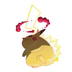 :3 absurdres artist_request blank_eyes blush_stickers brown_eyes closed_mouth dynamax electricity gen_1_pokemon gigantamax gigantamax_pikachu highres leg_up nintendo no_humans official_art pikachu pokemon pokemon_(creature) pokemon_swsh simple_background smile smoke solo standing standing_on_one_leg white_background