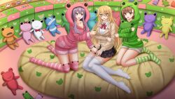 3girls animal_hood black_skirt blazer blonde_hair bow bowtie breasts brown_eyes brown_hair brown_jacket commentary commission english_commentary frog_hood gekota green_pajamas green_socks hair_ornament hairpin highres hokaze_junko hood hood_up hugging_doll hugging_object jacket kazenokaze kneehighs kneeling large_breasts long_hair long_sleeves medium_hair misaka_mikoto multiple_girls on_cushion pajamas pink_pajamas pink_thighhighs plaid_clothes plaid_skirt red_bow red_bowtie school_emblem school_uniform shirt shokuhou_misaki short_shorts shorts sitting skirt smile socks star-shaped_pupils star_(symbol) striped_clothes striped_socks striped_thighhighs stuffed_animal stuffed_frog stuffed_toy symbol-shaped_pupils thighhighs toaru_kagaku_no_railgun toaru_majutsu_no_index tokiwadai_school_uniform wariza white_shirt white_thighhighs winter_uniform yellow_eyes yokozuwari