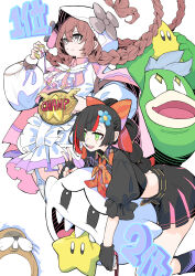 +_+ 2girls absurdres amayui_moka ascot belt biting black_boots black_hair black_shirt blunt_bangs boo_(mario) boots bow bowtie braid brown_hair championship_belt choya_hanabi crossover double-parted_bangs earrings eyeliner facial_mark fingerless_gloves flower_ornament frilled_skirt frilled_sleeves frills gloves green_eyes grey_eyes hair_bow highres holding holding_medal hood jewelry leaning_on_object long_hair long_sleeves makeup mario_(series) midriff monty_mole multi-tied_hair multicolored_hair multiple_girls nintendo open_mouth orange_bow orange_bowtie ponytail puffy_sleeves red_eyeliner red_hair red_nails shaded_face sharp_teeth shirt simple_background skirt smile spike_(mario) streaked_hair super_star_(mario) teeth tetsu_booya thighhighs twin_braids v virtual_youtuber vspo! white_ascot white_background white_hood white_thighhighs