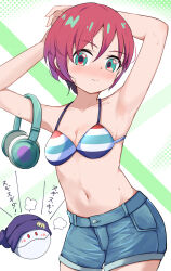 1girl amate_yuzuriha armpits arms_behind_head arms_up bikini blue_shorts blush breasts cleavage cowboy_shot denim denim_shorts green_eyes gundam gundam_gquuuuuux headphones highres kazura looking_at_viewer navel red_hair short_hair short_shorts shorts small_breasts solo sweat swimsuit