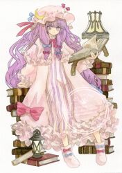 1girl absurdres blue_bow book book_stack boots bow bowtie capelet commentary crescent crescent_hat_ornament dress full_body hair_bow hat hat_ornament highres holding holding_book kisarush lantern long_hair long_sleeves looking_at_viewer mob_cap multiple_hair_bows open_book painting_(medium) patchouli_knowledge pink_bow pink_bowtie pink_capelet pink_dress pink_hat purple_eyes purple_hair solo striped_clothes striped_dress symbol-only_commentary touhou traditional_media vertical-striped_clothes vertical-striped_dress very_long_hair watercolor_(medium) watermark