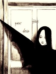 1girl black_hair door graffiti greyscale highres long_hair looking_at_viewer monochrome original solo tp_p_pt upper_body wooden_door