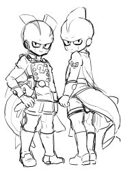 2boys aged_down android belt brothers cetacean_tail clenched_hand closed_mouth dolphin_boy doodle dragon_ball dragon_ball_super dragon_ball_super_super_hero fins fish_tail from_behind from_side full_body gamma_1 gamma_2 gloves greyscale gun gun_holster hand_on_own_hip head_fins highres jacket lineart looking_at_viewer looking_back male_focus monochrome multiple_boys no_eyebrows number_print obata2nd red_ribbon_army shoes shorts siblings simple_background sketch smile socks tail turtleneck turtleneck_jacket twins weapon