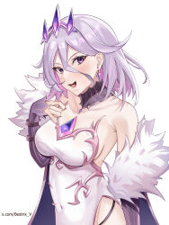 1girl bestrix breasts chest_jewel colored_inner_hair covered_navel detached_collar dress earrings fur-trimmed_sleeves fur_trim gem grey_hair hair_between_eyes highres hololive hololive_english jewelry large_breasts looking_at_viewer momseki_(koseki_bijou) multicolored_hair open_mouth pink_hair purple_eyes purple_gemstone simple_background solo tiara virtual_youtuber white_background white_dress
