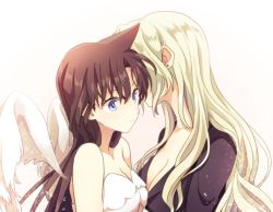 2girls akiyoshi_(tama-pete) angel bare_arms bare_shoulders blonde_hair blue_eyes breasts brown_hair cleavage closed_mouth dress earrings feathered_wings female_focus gradient_background jewelry large_breasts long_hair long_sleeves meitantei_conan mouri_ran multiple_girls neck shy strapless strapless_dress upper_body vermouth_(meitantei_conan) whispering white_dress white_wings wings yuri